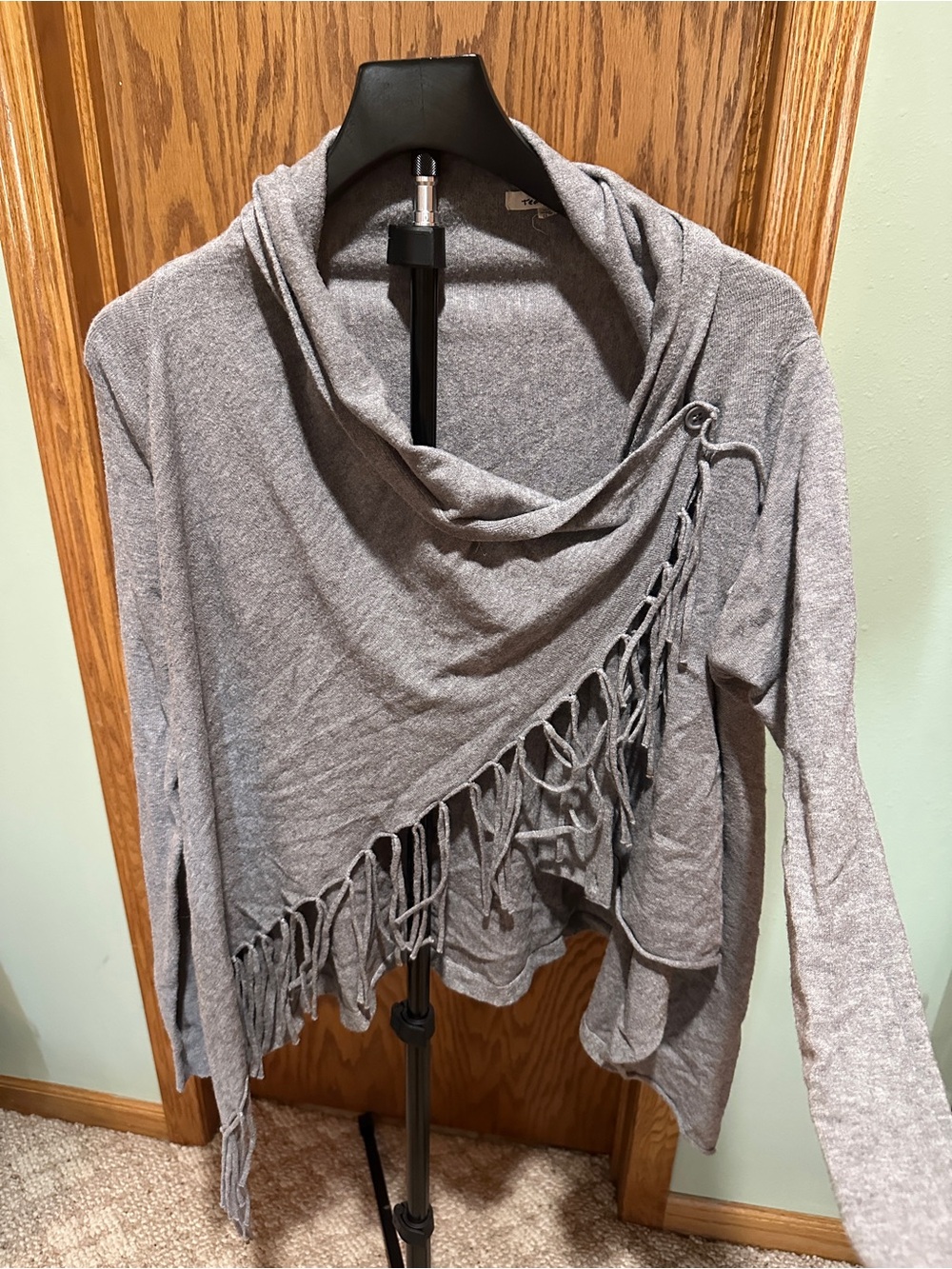 tea n rose Gray Asymmetrical Fringe Cowl Sweater